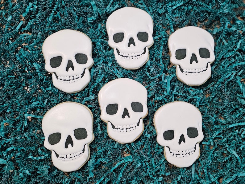 Custom Halloween cookies, skull sugar cookies, decorated Halloween skulls, personalized gift, Halloween royal icing, frosted sugar cookies image 1