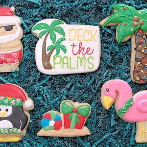 Christmas in July cookies, summer party cookies, Christmas beach party cookies, Holiday Santa sugar cookies, palm tree, reindeer cookies,