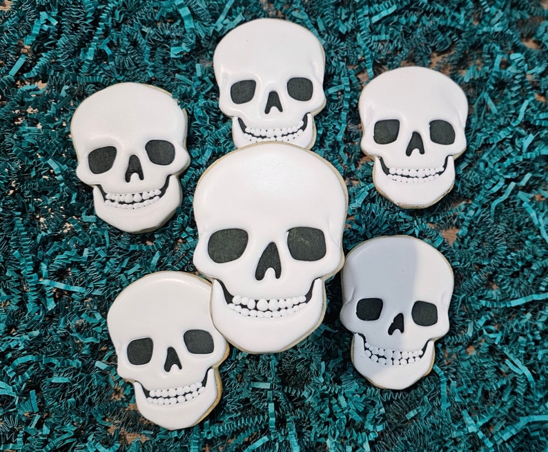 Custom Halloween cookies, skull sugar cookies, decorated Halloween skulls, personalized gift, Halloween royal icing, frosted sugar cookies image 4