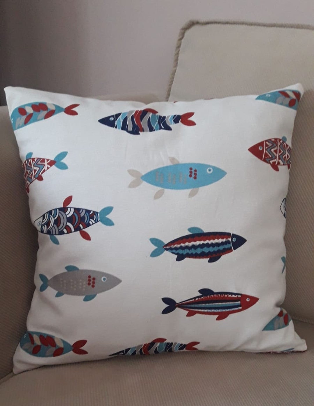 Cotton Throw Cushion Cover in White With Fish Design Etsy