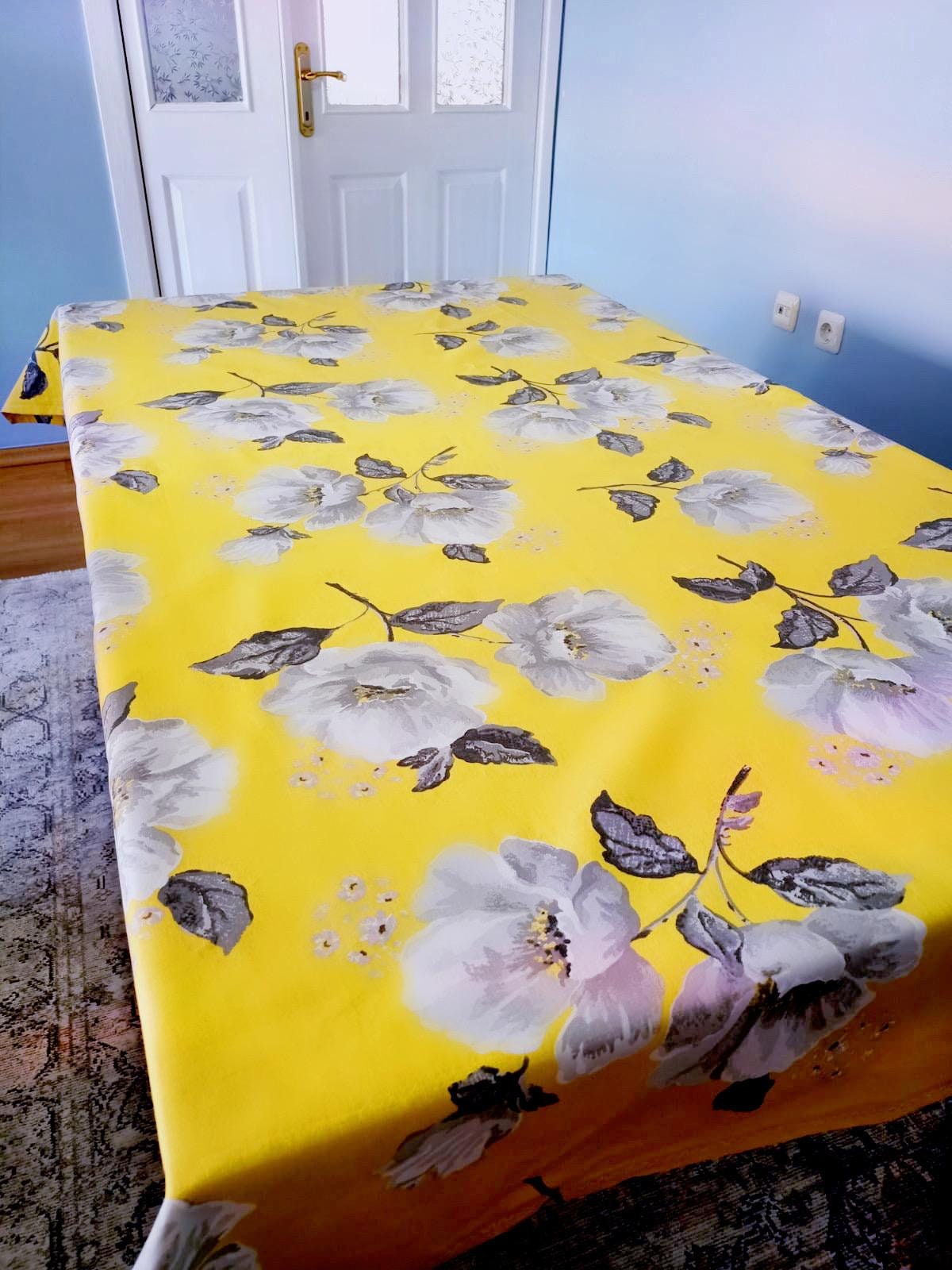 Yellow Table Linens Yellow Table Linen With Grey and Pink Large Flowers, Handmade in Turkey ...