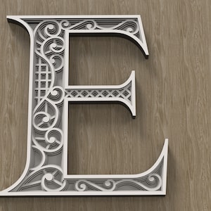 Layered Letter E, Multilayer monogram, 3D Alphabet SVG, files for laser cutting and printing DIY.