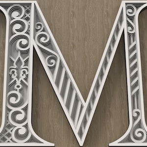 Lettre multicouche M, monogramme multicouche, alphabet 3D SVG, fichiers pour la découpe laser et l’impression DIY.