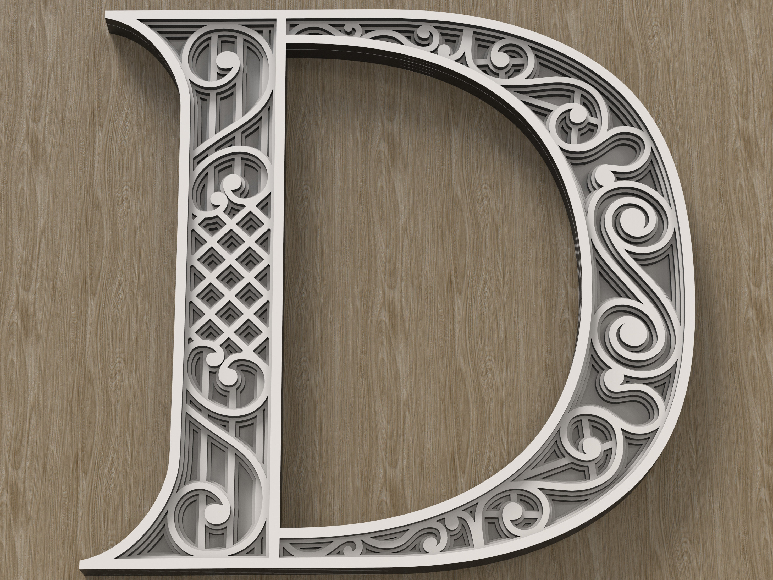 Layered Letter D, Multilayer monogram, 3D Alphabet SVG, files for laser cutting and printing DIY.