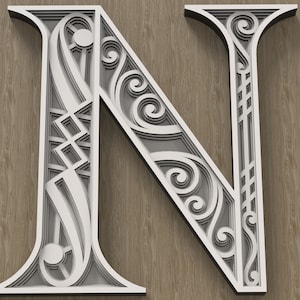 Layered Letter N, Multilayer monogram, 3D Alphabet SVG, files for laser cutting and printing DIY.