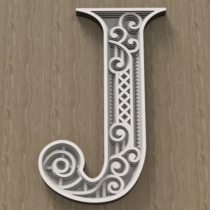 Lettre J superposée, monogramme multicouche, alphabet 3D SVG, fichiers pour la découpe laser et l’impression DIY.