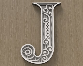 Layered Letter J, Multilayer monogram, 3D Alphabet SVG, files for laser cutting and printing DIY.