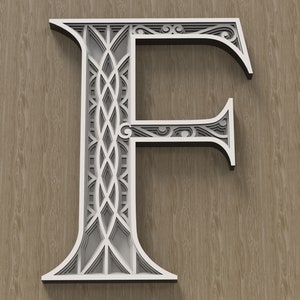 Gelaagde letter F, meerlagig monogram, 3D-alfabet SVG, bestanden voor lasersnijden en afdrukken diy.