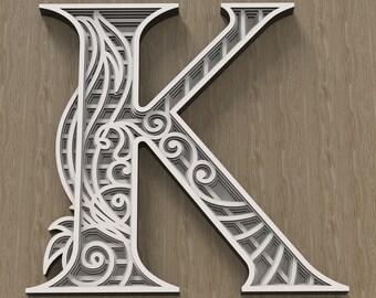 Layered Letter K, Multilayer monogram, 3D Alphabet SVG, files for laser cutting and printing DIY.