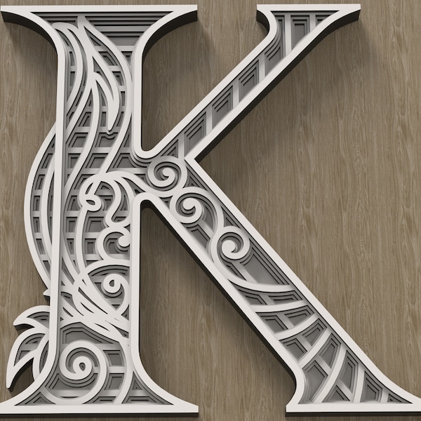 Layered Letter K, Multilayer monogram, 3D Alphabet SVG, files for laser cutting and printing DIY.