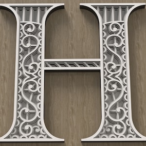 Layered Letter H, Multilayer monogram, 3D Alphabet SVG, files for laser cutting and printing DIY.