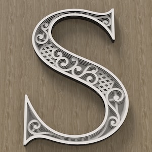 Layered Letter S, Multilayer monogram, 3D Alphabet SVG, files for laser cutting and printing DIY.