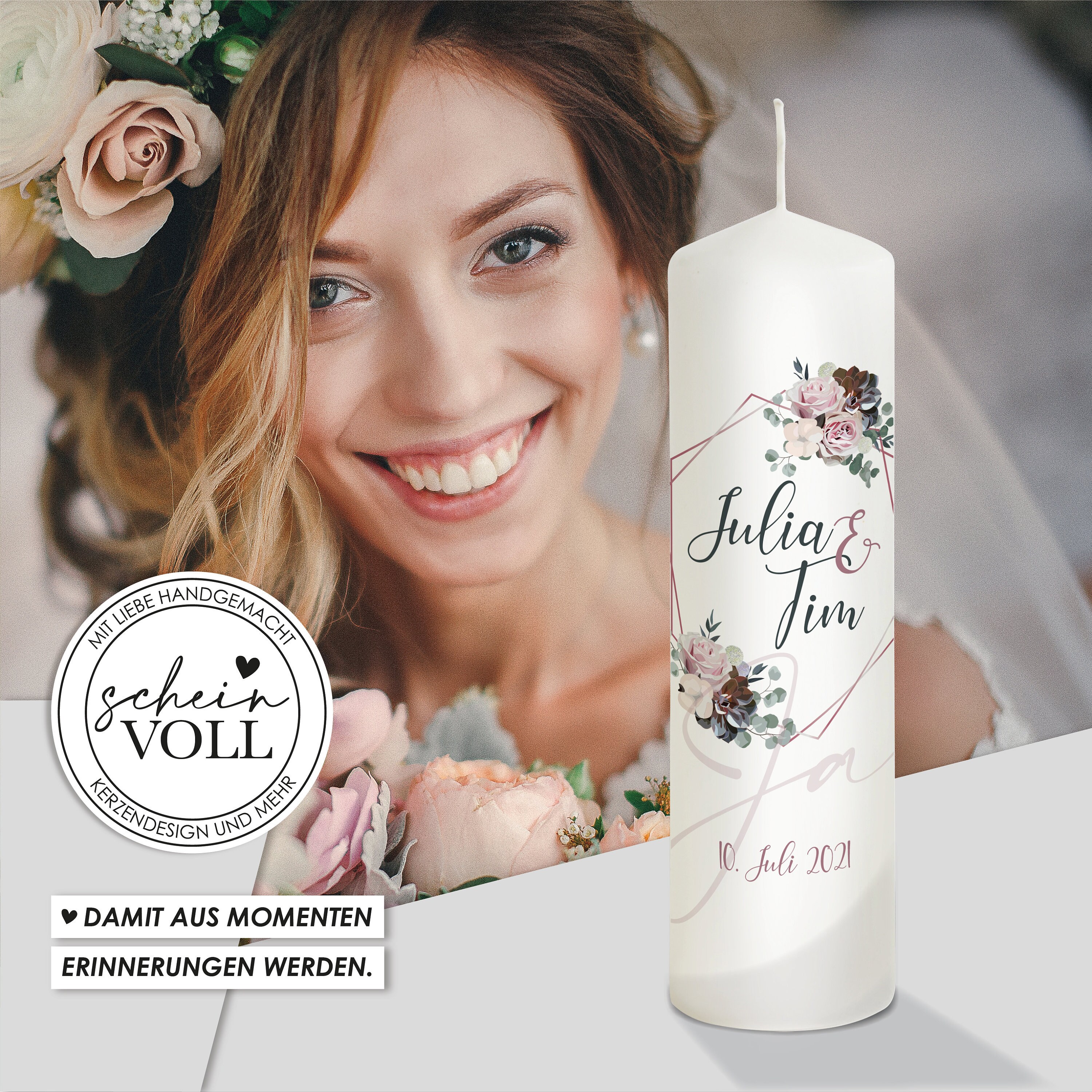 Wedding candle purple personalized 360 degree all-around print - moti…