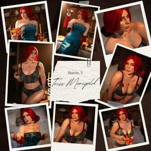 Peut inclure: Un collage de photos mettant en scène une femme aux cheveux roux dans différentes tenues. Les tenues comprennent une robe bustier turquoise, un ensemble de lingerie vert et noir et un haut turquoise. Les photos sont disposées en format collage.