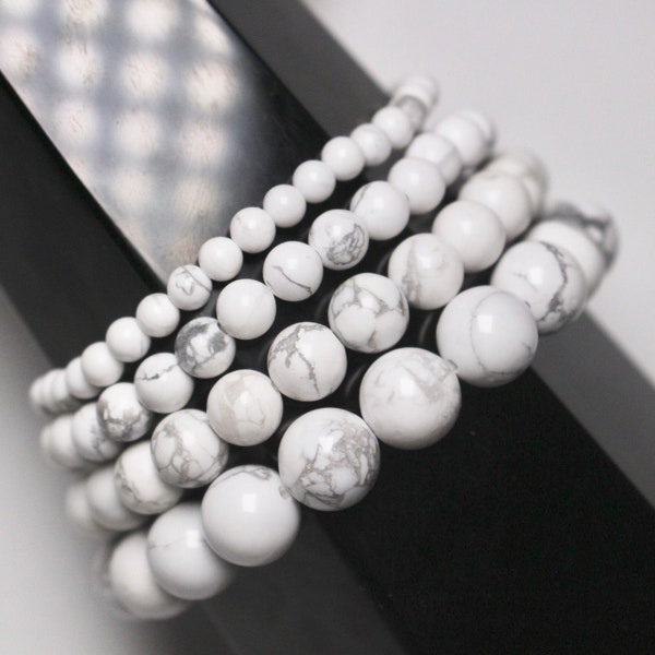 Bracelet Howlite blanche en perles naturelle 4/6/8/10 mm 18-19 cm pierre semi-précieuse lisse et ronde bijoux pierre naturelle