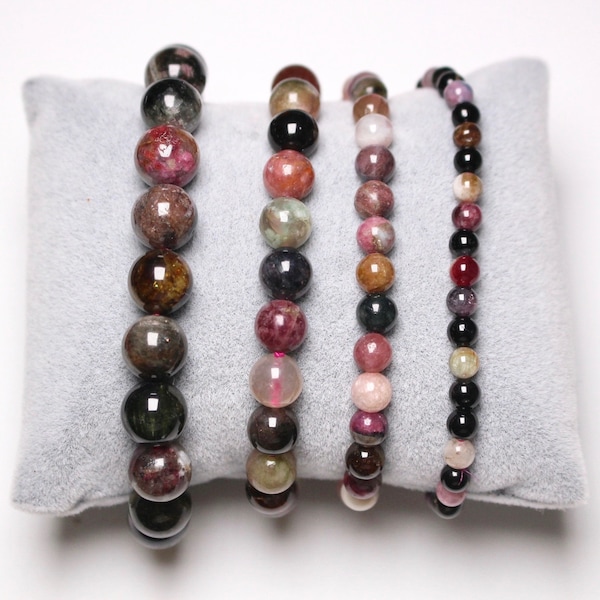 Multicolored tourmaline bracelet in natural pearls 4/6/8/10 mm 18-19 cm smooth semi-precious stone and round jewelry natural stone