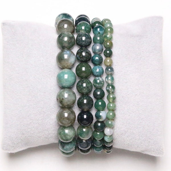 Bracelet Agate Mousse en perles naturelle 4/6/8/10/12 mm 19 cm (Ajustable) pierre semi-précieuse lisse et ronde