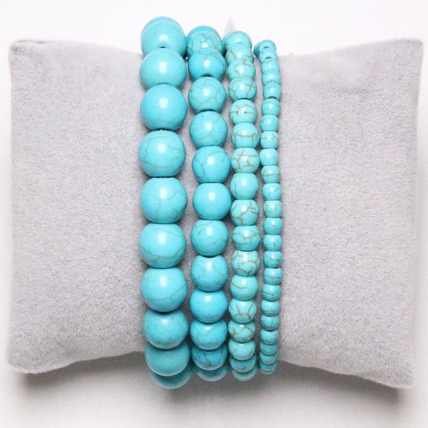 Bracelet Howlite Turquoise en perles naturelle 4/6/8/10/12 mm 19 cm (Ajustable) pierre semi-précieuse lisse et ronde