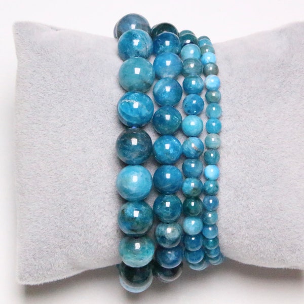 Bracelet Apatite Bleue A en perles Naturelles 4/6/8/10 mm 19 cm Ajustable pierre semi-précieuse lisse et ronde bijoux pierre naturelle