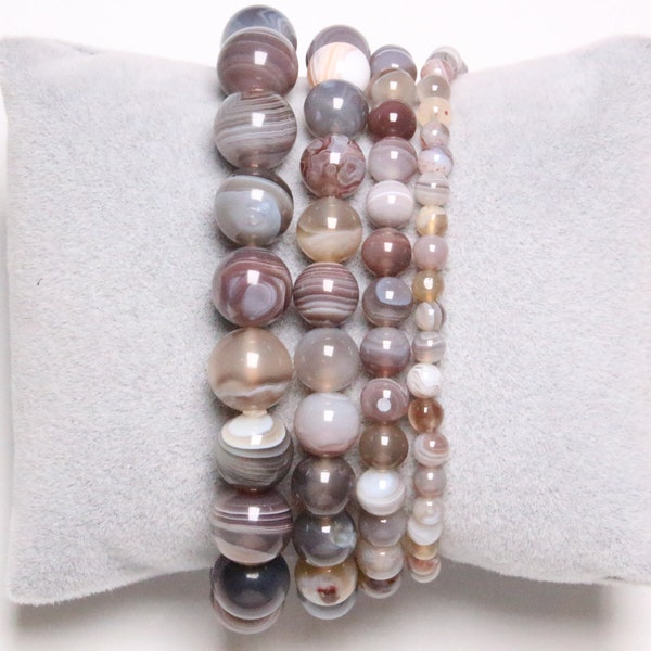 Bracelet Agate Botswana Gris en perles Naturelles 4/6/8/10 mm 19 cm Ajustable pierre semi-précieuse lisse et ronde bijoux pierre naturelle