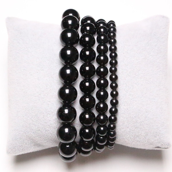 Pulsera de Obsidiana Negra en perlas naturales 4/6/8/10/12 mm 19 cm (Ajustable) lisa y redonda semipreciosa