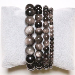 Silver Obsdian bracelet in natural pearls 4/6/8/10 mm 18-19 cm smooth semi-precious stone and round jewelry natural stone