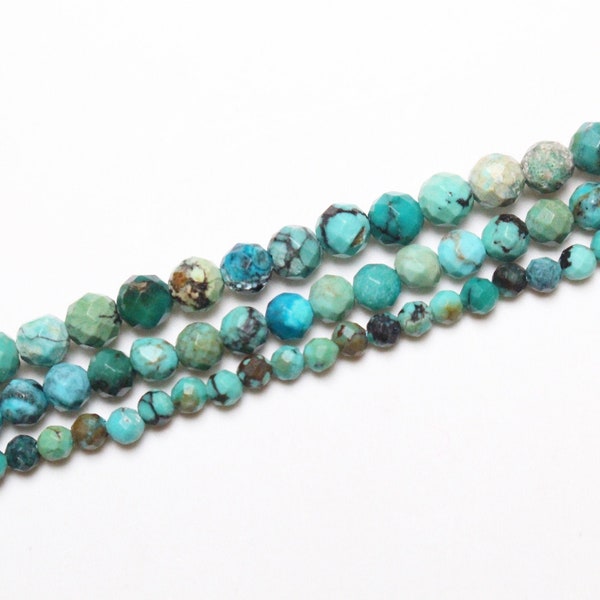 x 1 fil Turquoise 250 perles facettées en 15-2mm 2.5-3mm(150) 3.5-4mm(110)  pierre naturelle ronde facetté semi-précieuse.