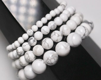 Bracelet Howlite blanche en perles naturelle 4/6/8/10 mm 18-19 cm pierre semi-précieuse lisse et ronde bijoux pierre naturelle