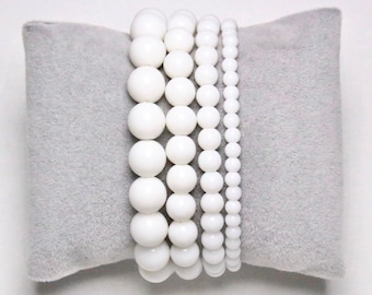 Bracelet Agate Blanche en perles naturelle 4/6/8/10 mm 19 cm (Ajustable) pierre semi-précieuse lisse et ronde