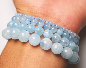AAA Bracelet Aigue marine en perles naturelle 4/6/8/10 mm 19 cm  aigue marine pierre semi-précieuse lisse et ronde bijoux pierre naturelle