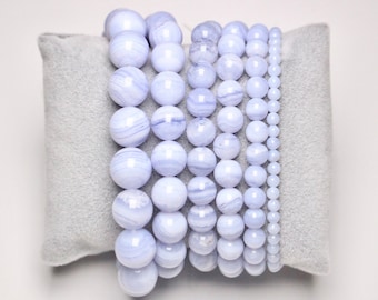 Bracelet Chalcedony blue A in natural pearls 4/6/8/9/10/12 mm 18-19 cm smooth semi-precious stone and round jewelry natural stone