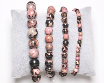 Bracelet Rhodonite en perles naturelle 4/6/8/10 mm 18-19 cm pierre semi-précieuse lisse et ronde bijoux pierre naturelle