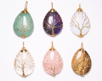 Pendant in tree of life stone naurelle shape drop Rose quartz, Opaline, Green aventurine, Amethyst, Tiger's eye, Rock crystal