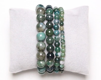 Bracelet Agate Mousse en perles naturelle 4/6/8/10/12 mm 19 cm (Ajustable) pierre semi-précieuse lisse et ronde