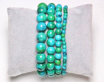 Bracelet Chrysocolle teintée en perles 4/6/8/10 mm 19 cm Ajustable pierre semi-précieuse lisse et ronde bijoux pierre naturelle