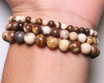 Brown Jasper bracelet in natural pearls 4/6/8mm 19 cm, Jasper bracelet
