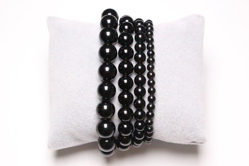 Black Obsidian Bracelet in natural pearls 4/6/8/10/12 mm 19 cm Adjustable smooth and round semi-precious stone image 1