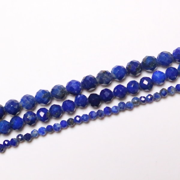 x 1 fil Lapis Lazuli 250 perles facettées en 15-2mm 2.5-3mm(150) 3.5-4mm(110)  pierre naturelle ronde facetté semi-précieuse pour bijoux.