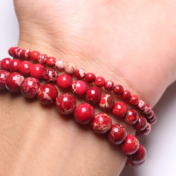 Bracelet Jaspe Impérial Rouge en perles naturelle 4/6/8 mm 18-19 cm pierre semi-précieuse lisse et ronde bijoux pierre naturelle