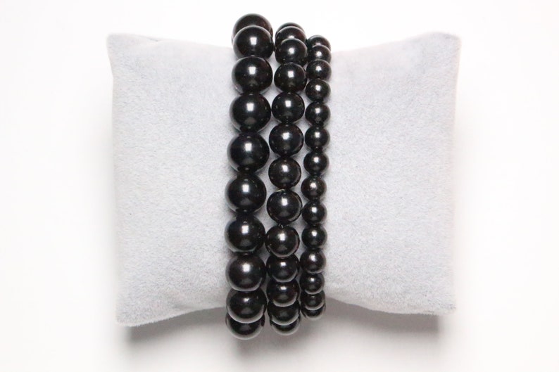 Jet bracelet with natural beads (6/8/10 mm, 18-19 cm), smooth and round semi-precious stone, natural stone jewelry image 1