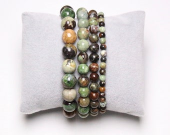 Fossilized green opal bracelet in natural 4/6/8/10 mm beads, 18-19 cm long, smooth and round semi-precious stone, natural stone jewelry