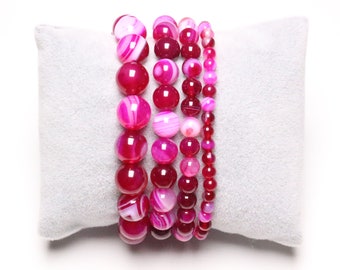Agate Rose Fushia bracelet 4/6/8/10 mm smooth stone and round jewelry