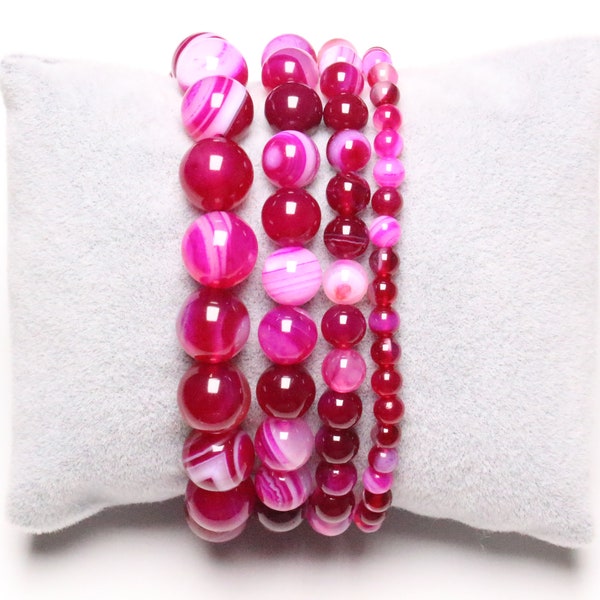 Agate Rose Fushia bracelet 4/6/8/10 mm smooth stone and round jewelry