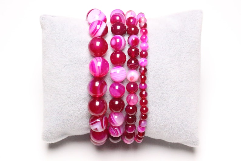 Agate Rose Fushia bracelet 4/6/8/10 mm smooth stone and round jewelry image 1
