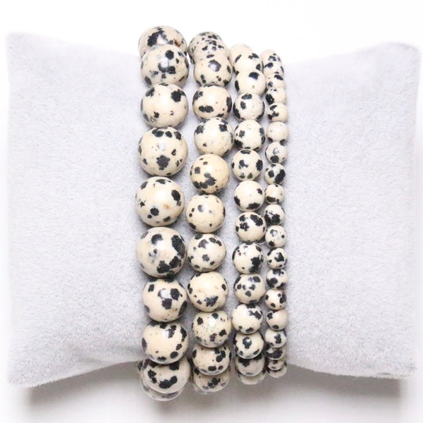 Bracelet Jaspe Dalmatien en perles naturelle 4/6/8/10 mm 19 cm (Ajustable) pierre semi-précieuse lisse et ronde