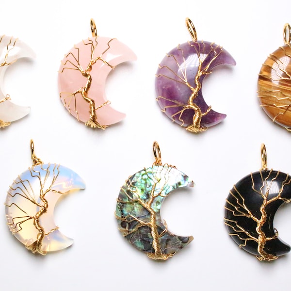 Pendentif en Arbre de vie forme lune Quartz Rose, Améthyste ,Cristal de roche ,Oeil de tigre , Nacre, Onyx, Opaline