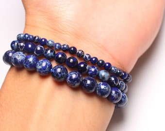 Dark blue Imperial Jaspe bracelet in natural pearls 4/6/8 mm 18-19 cm smooth semi-precious stone and round natural stone jewelry