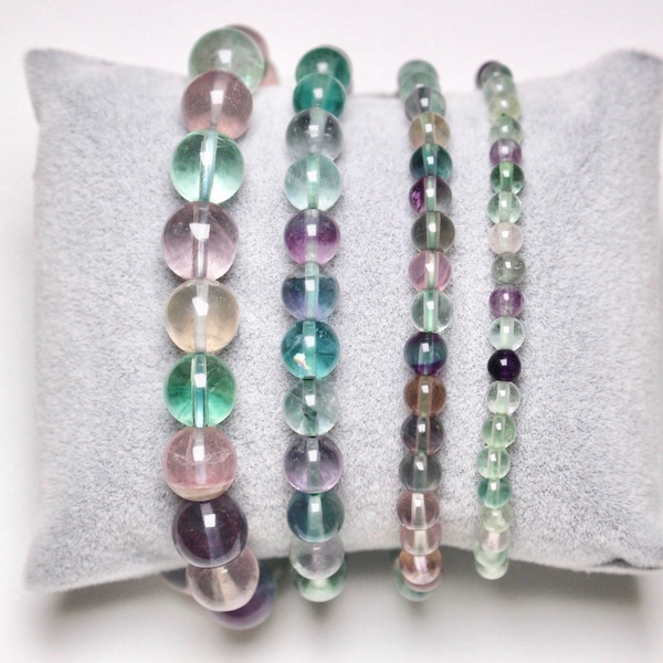 Bracelet en fluorine multicolore en perles naturelle 4/6/8/10 mm 18-19 cm pierre semi-précieuse lisse et ronde bijoux pierre naturelle