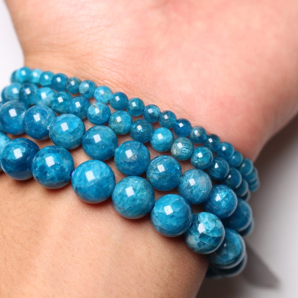 AAA Bracelet Apatite bleue en perles naturelle 4/6/8/10 mm 18-19 cm pierre semi-précieuse lisse et ronde bijoux pierre naturelle