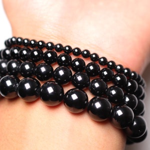 Bracelet Spinelle noire en perles naturelle 4/6/8/10 mm 18-19 cm pierre semi-précieuse lisse et ronde bijoux pierre naturelle 画像 1